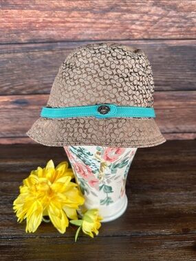Coach Brown Signature Monogram Bucket Hat with Teal Band